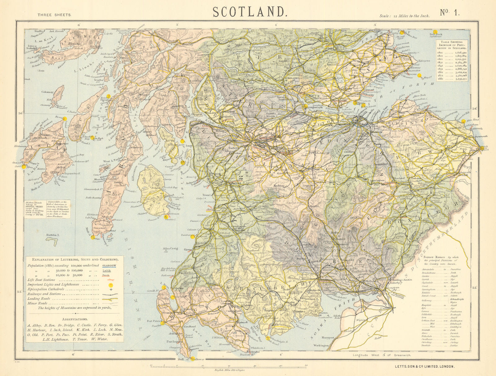 SCOTLAND SOUTH. Railways lighthouses lifeboat stations. LETTS 1892 old map